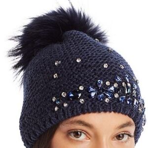 NWT Echo Fur Pom Pom Embellished Beanie Navy Rhinestone Crystals Alpaca Wool